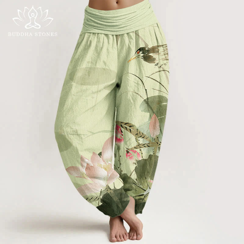 Pantaloni harem da donna con elastico in vita, in cotone, con foglie di loto rosa e motivo a uccelli, modello Buddha Stones - Cachi - US22, UK/AU26, EU54 (6XL) - image 0