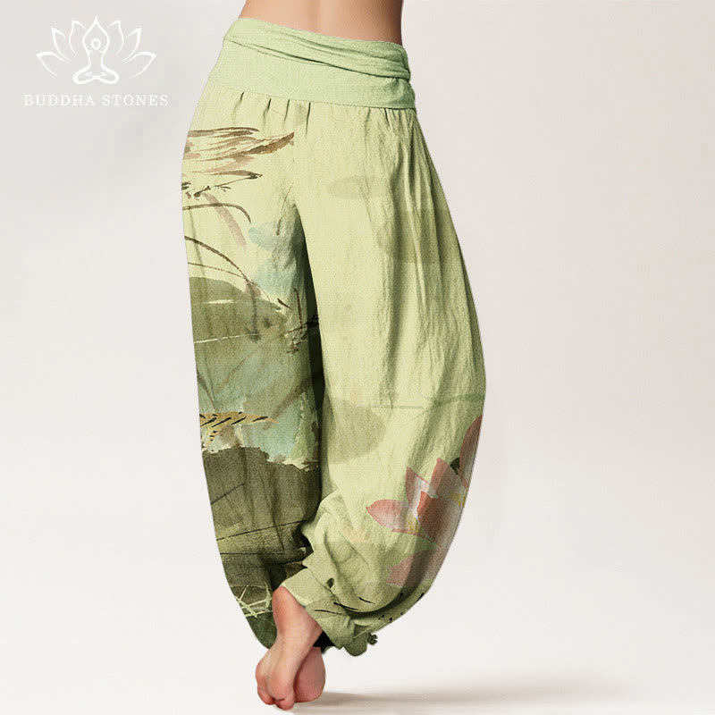 Pantaloni harem da donna con elastico in vita, in cotone, con foglie di loto rosa e motivo a uccelli, modello Buddha Stones - image 1