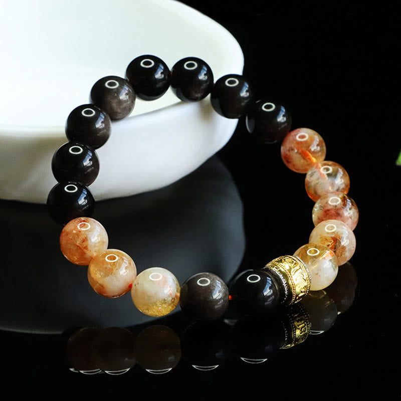 Braccialetto di protezione in ossidiana e citrino con Buddha Stones Om Mani Padme Hum e argento lucido - Ossidiana Citrino Lucida Argento (Circonferenza Polso: 15-16 cm) - image 0