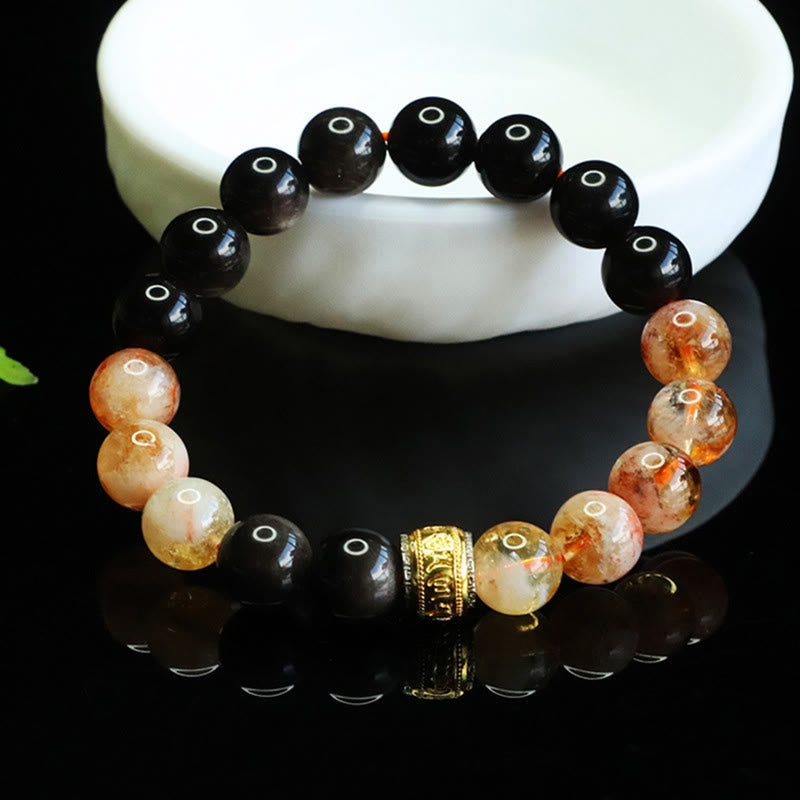 Braccialetto di protezione in ossidiana e citrino con Buddha Stones Om Mani Padme Hum e argento lucido - image 2