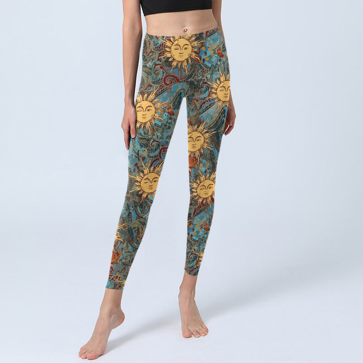 Leggings da palestra con stampa del motivo del sole personificato dorato Buddha Stones, pantaloni da yoga da donna - image 5