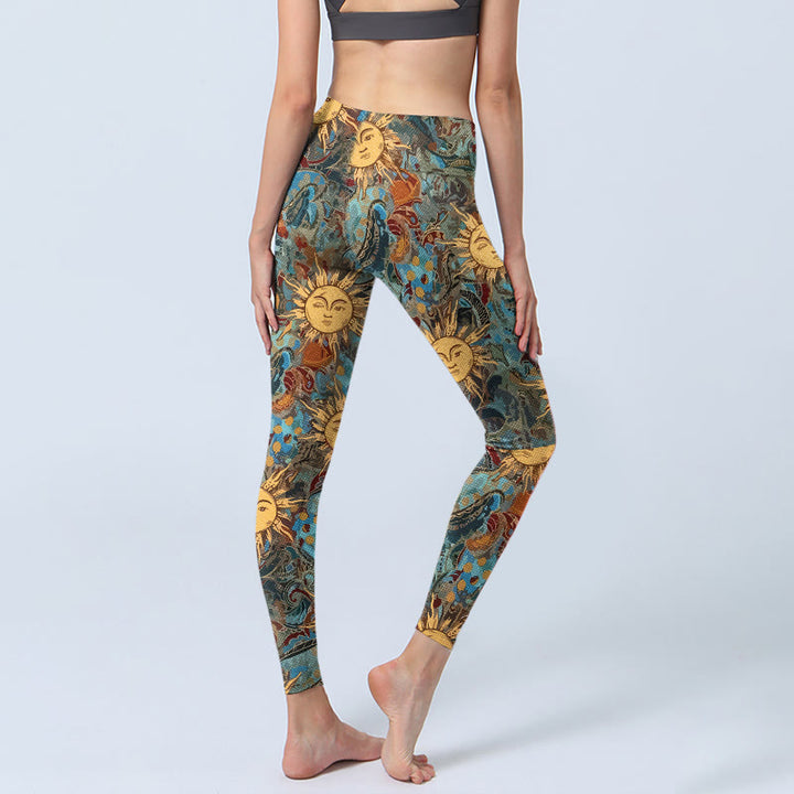 Leggings da palestra con stampa del motivo del sole personificato dorato Buddha Stones, pantaloni da yoga da donna - image 4