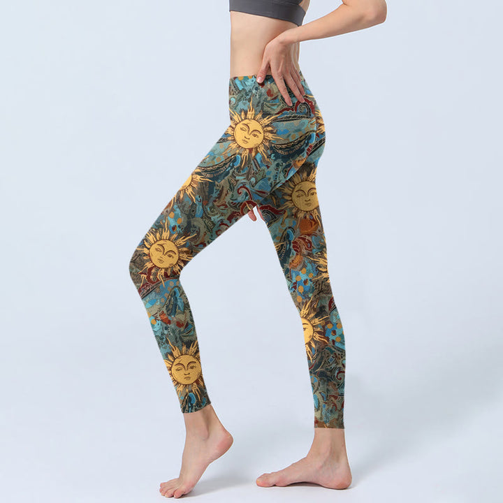 Leggings da palestra con stampa del motivo del sole personificato dorato Buddha Stones, pantaloni da yoga da donna - image 2