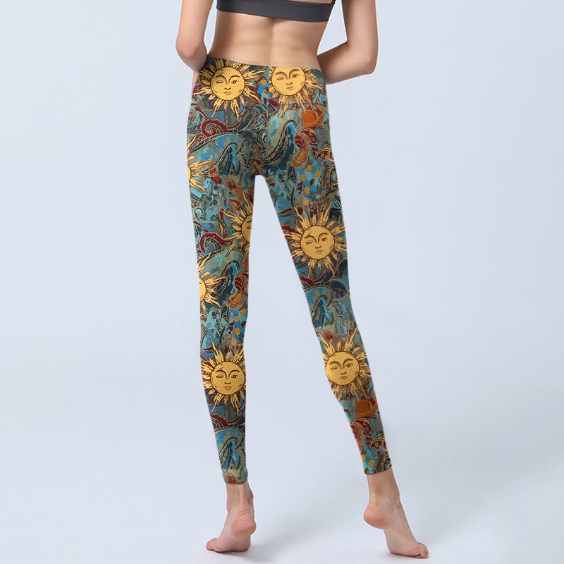 Leggings da palestra con stampa del motivo del sole personificato dorato Buddha Stones, pantaloni da yoga da donna - image 6