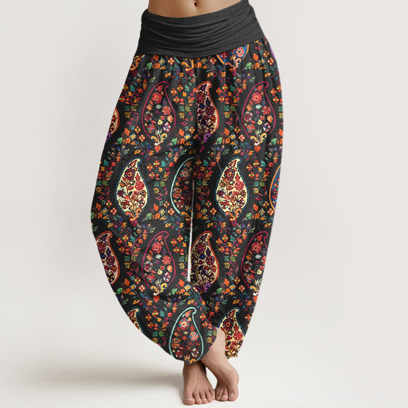 Pantaloni harem da donna con elastico in vita, in cotone, con motivo a fiori e foglie retrò, dai colori vivaci , Buddha Stones - Nero - US16, UK/AU20, EU48 (3XL) - image 0