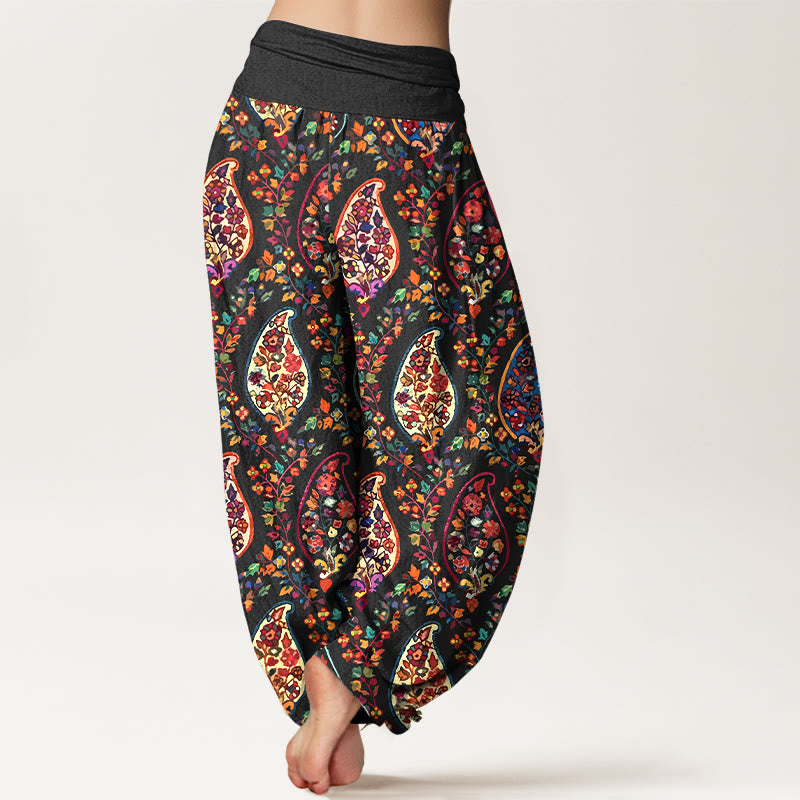 Pantaloni harem da donna con elastico in vita, in cotone, con motivo a fiori e foglie retrò, dai colori vivaci , Buddha Stones - image 1