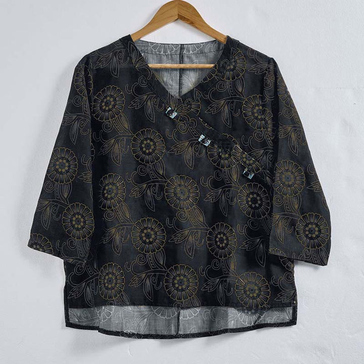 Camicia da donna a maniche lunghe con scollo a V e motivo floreale stampato Buddha Stones Spring - image 12