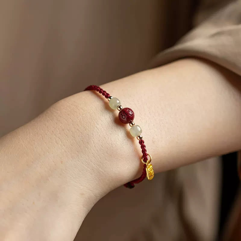 Braccialetto della prosperità con perline di giada Hetian, carattere Fu , Buddha Stones , Om Mani Padme Hum, cinabro e filo rosso - image 3
