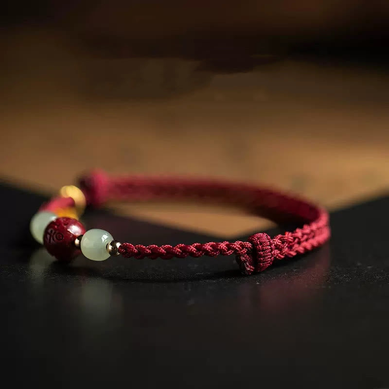 Braccialetto della prosperità con perline di giada Hetian, carattere Fu , Buddha Stones , Om Mani Padme Hum, cinabro e filo rosso - image 1