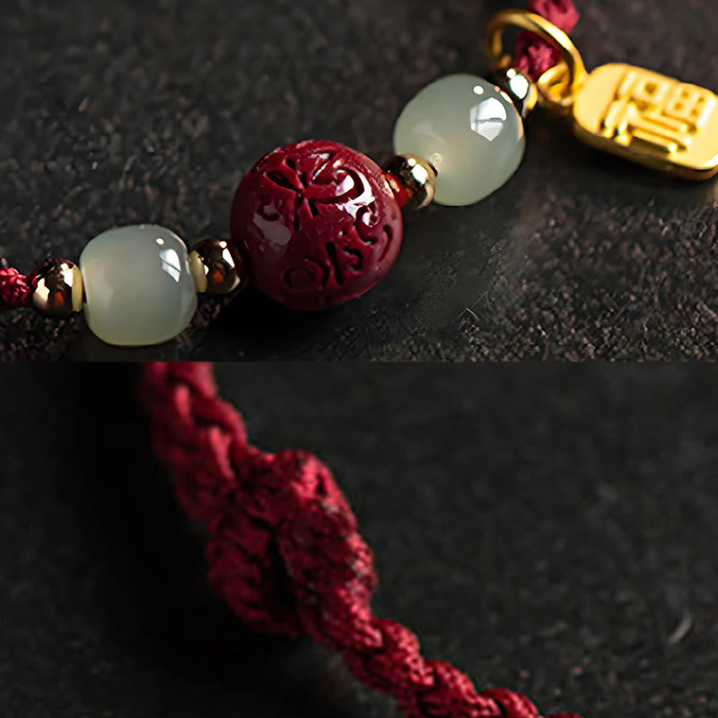 Braccialetto della prosperità con perline di giada Hetian, carattere Fu , Buddha Stones , Om Mani Padme Hum, cinabro e filo rosso - image 2