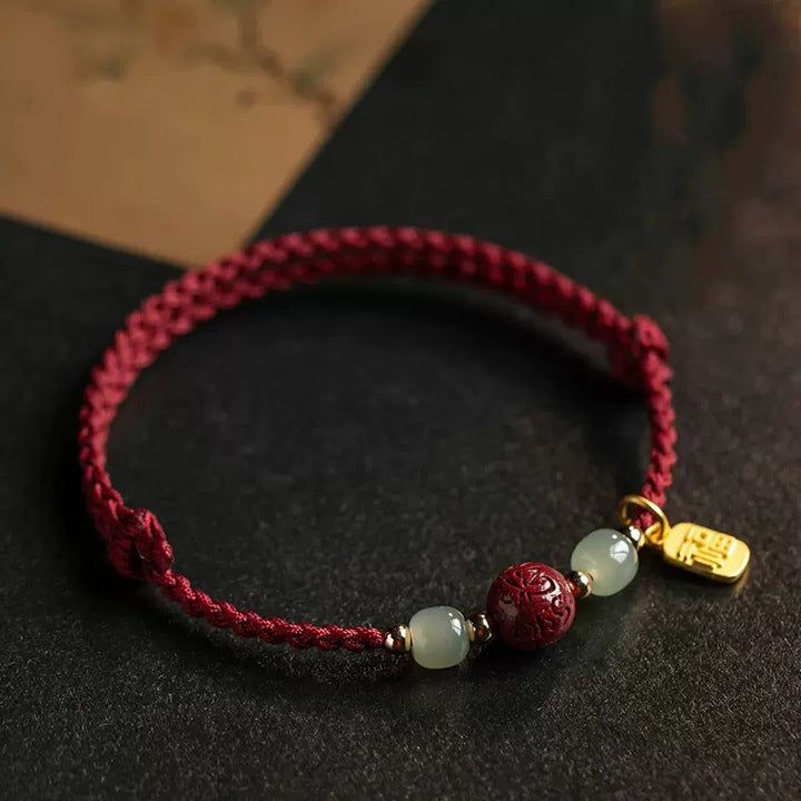 Braccialetto della prosperità con perline di giada Hetian, carattere Fu , Buddha Stones , Om Mani Padme Hum, cinabro e filo rosso - Cordino rosso (circonferenza del polso: 15-20 cm) - image 0