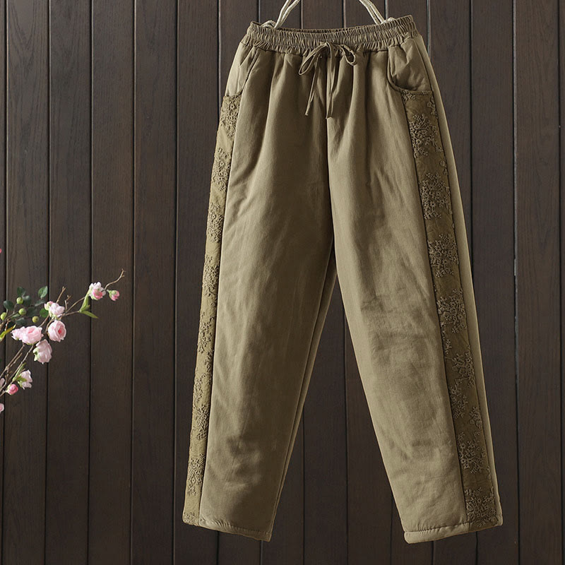 Pantaloni da donna spessi in cotone e poliestere con ricamo, motivo floreale con Buddha Stones tasche - Cachi scuro - US8-10, UK/AU12-14, EU40-42 (2XL) - image 6