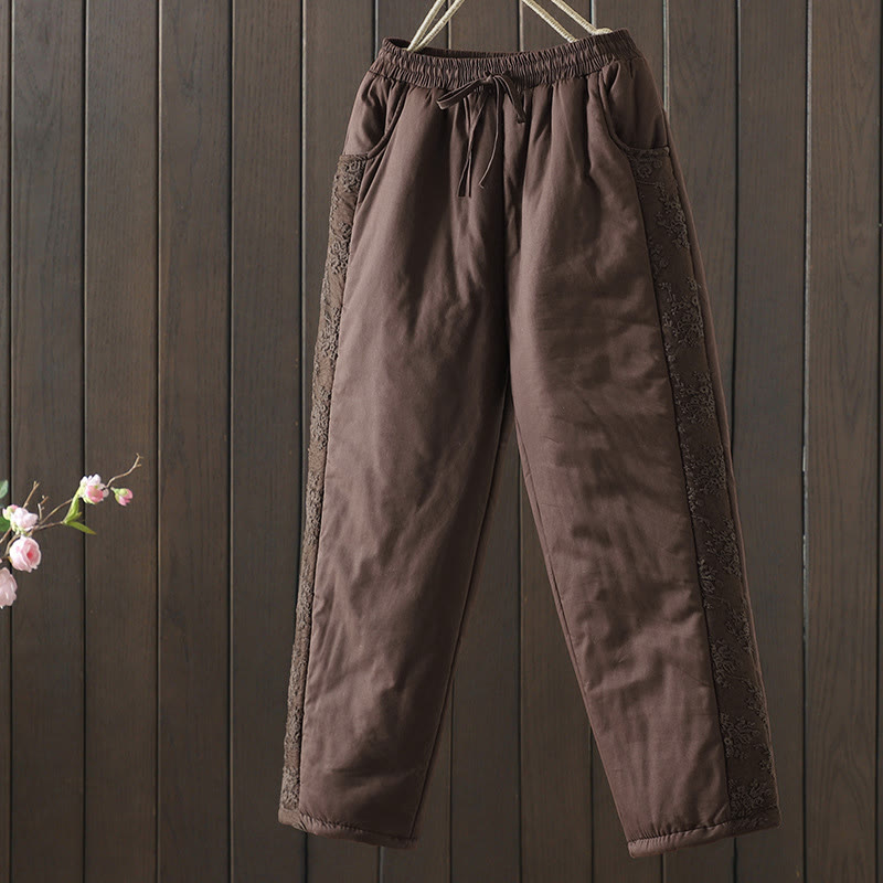Pantaloni da donna spessi in cotone e poliestere con ricamo, motivo floreale con Buddha Stones tasche - Marrone sella - US8-10, UK/AU12-14, EU40-42 (2XL) - image 1