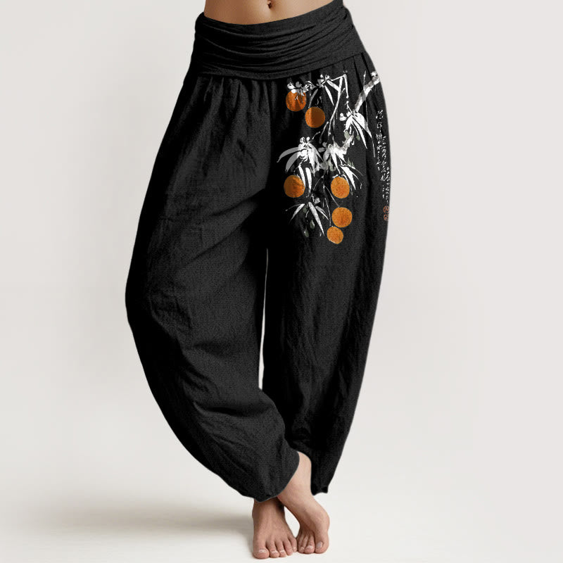 Pantaloni harem da donna con elastico in vita, in puro cotone, con motivo a rami di frutta dai colori vivaci, motivo Buddha Stones - Nero - US16, UK/AU20, EU48 (3XL) - image 5