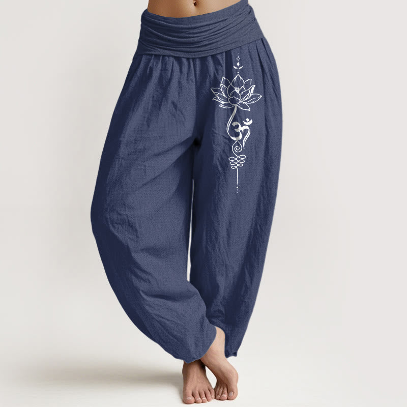 Pantaloni harem da donna con elastico in vita, in puro cotone, stile minimalista, motivo con simbolo del loto Om, motivo Buddha Stones - Blu ardesia scuro - US16, UK/AU20, EU48 (3XL) - image 5