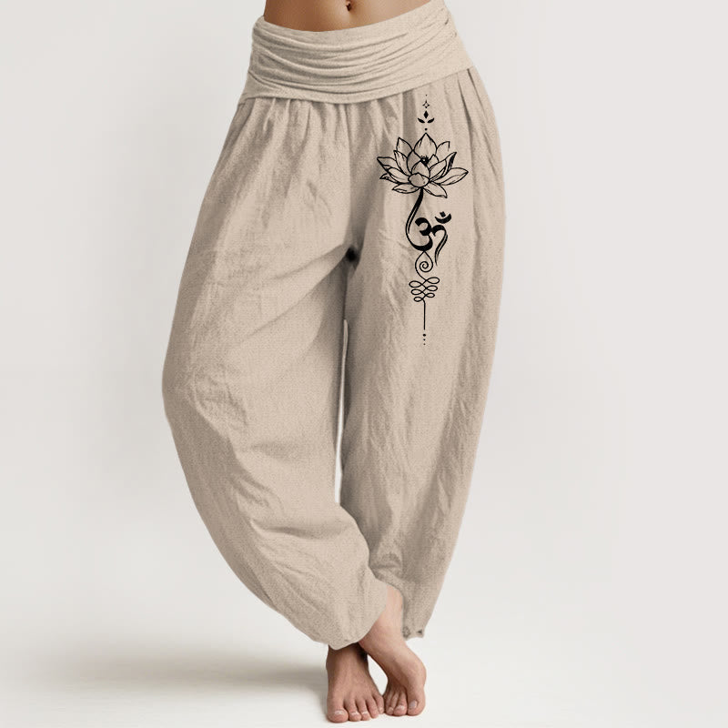 Pantaloni harem da donna con elastico in vita, in puro cotone, stile minimalista, motivo con simbolo del loto Om, motivo Buddha Stones - Tan - US16, UK/AU20, EU48 (3XL) - image 11