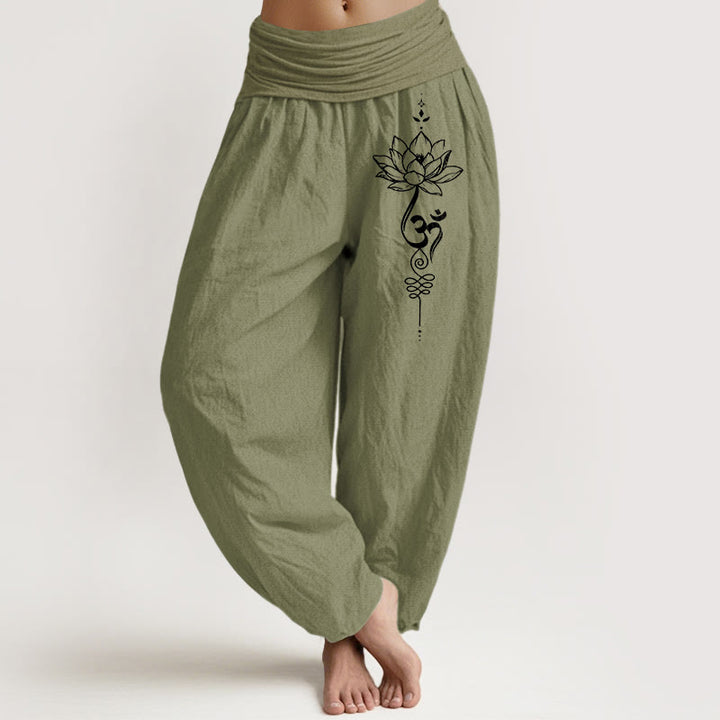 Pantaloni harem da donna con elastico in vita, in puro cotone, stile minimalista, motivo con simbolo del loto Om, motivo Buddha Stones - Verde oliva - US16, UK/AU20, EU48 (3XL) - image 14