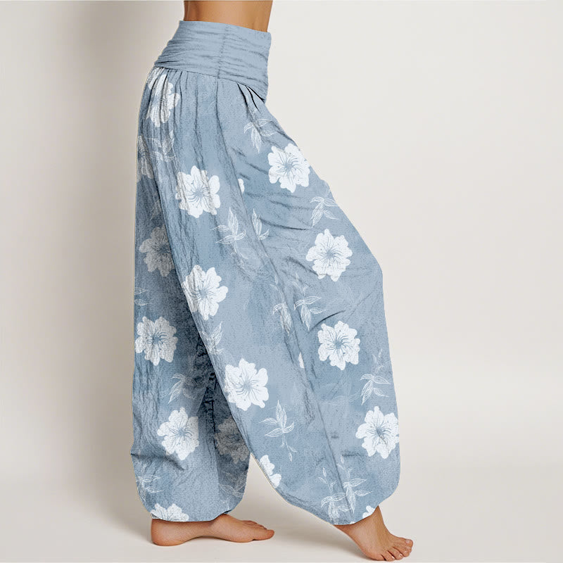 Pantaloni harem da donna con elastico in vita, in puro cotone, con fiori bianchi e pietre Buddha Stones - image 2