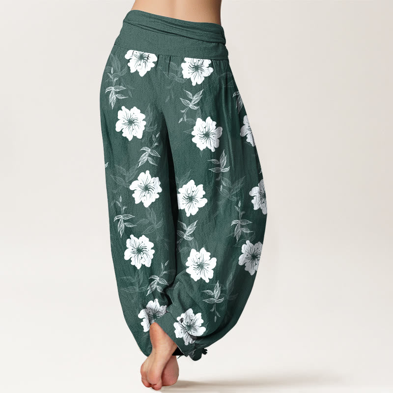Pantaloni harem da donna con elastico in vita, in puro cotone, con fiori bianchi e pietre Buddha Stones - image 9