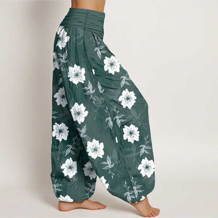 Pantaloni harem da donna con elastico in vita, in puro cotone, con fiori bianchi e pietre Buddha Stones - image 10