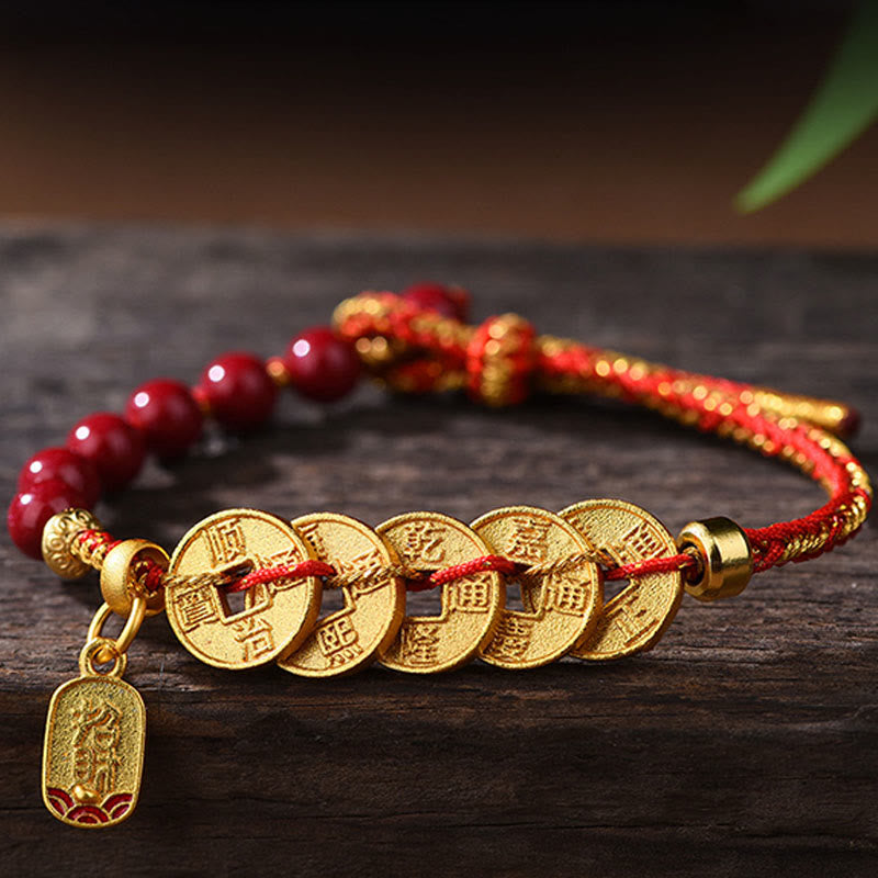 Buddha Stones, monete dei cinque imperatori, rame, ametista, cinabro, corda nera e rossa, braccialetto per l'equilibrio e l'attrazione della fortuna - image 1