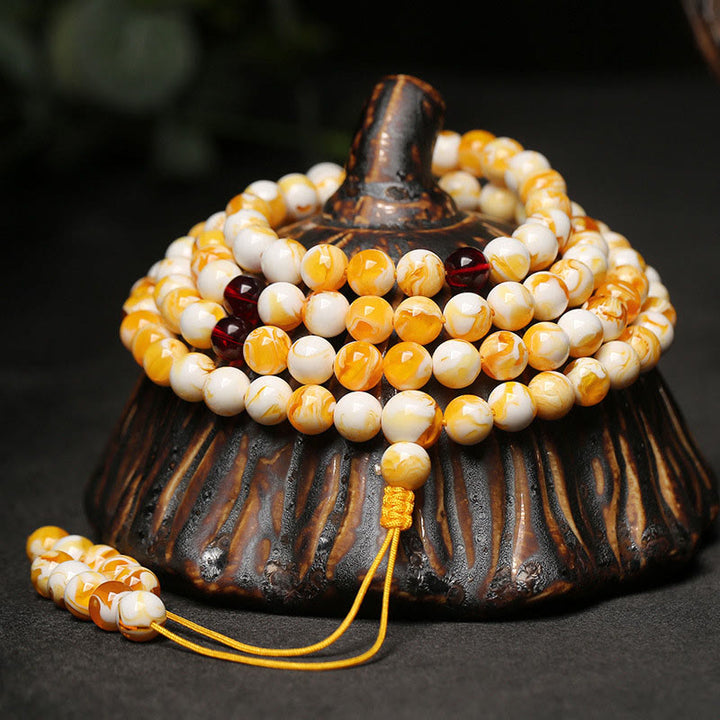 Mala tibetano in ambra bianca e gialla con 108 perle Buddha Stones - image 0