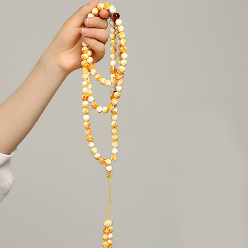 Mala tibetano in ambra bianca e gialla con 108 perle Buddha Stones - image 4