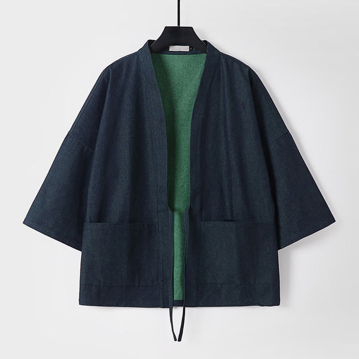 Giacca da uomo in denim e cotone con maniche a tre quarti, aperta sul davanti, con lacci Buddha Stones - Nero - US/UK/AU54, EU64 (9XL) - image 0