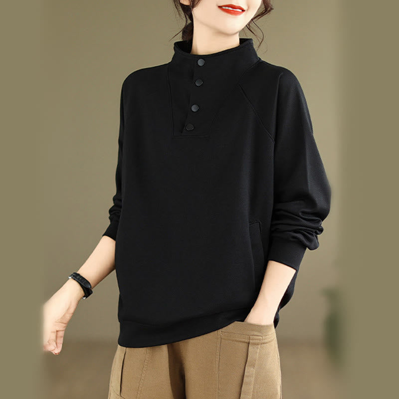 Felpa da donna in cotone a maniche lunghe con colletto rialzato e bottoni, modello Buddha Stones Fall Solid - image 1