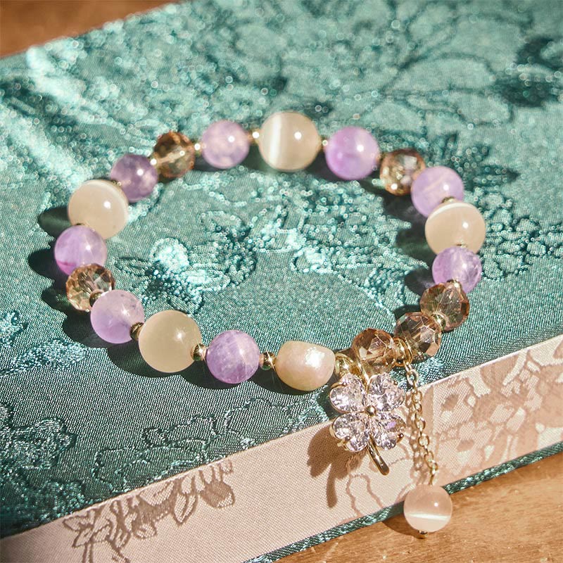 Bracciale con bilanciere in quarzo rutilato, ametista, citrino, quadrifoglio e quarzo fragola verde Buddha Stones - image 2