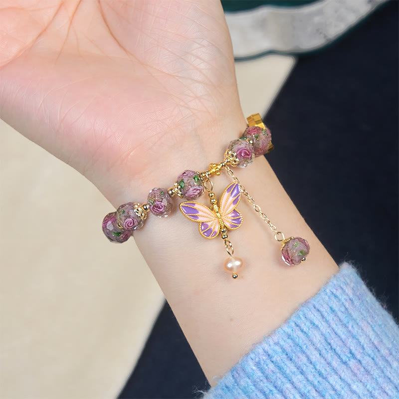 Braccialetto dell'amore con perline di vetro Liuli, ciondolo a forma di fiore con doppie farfalle Buddha Stones - image 5