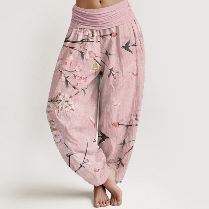 Pantaloni harem da donna con elastico in vita, in puro cotone, con motivo a fiori di pesco e oche volanti, motivo Buddha Stones - Rosa - US22, UK/AU26, EU54 (6XL) - image 5