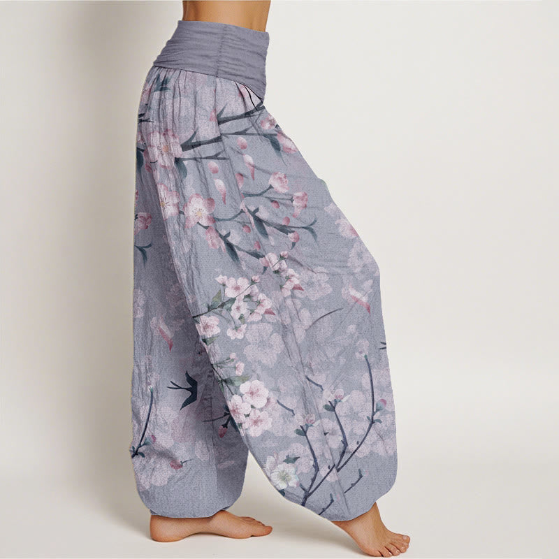 Pantaloni harem da donna con elastico in vita e motivo Buddha Stones in cotone con fiori di pesco e oche volanti - image 9