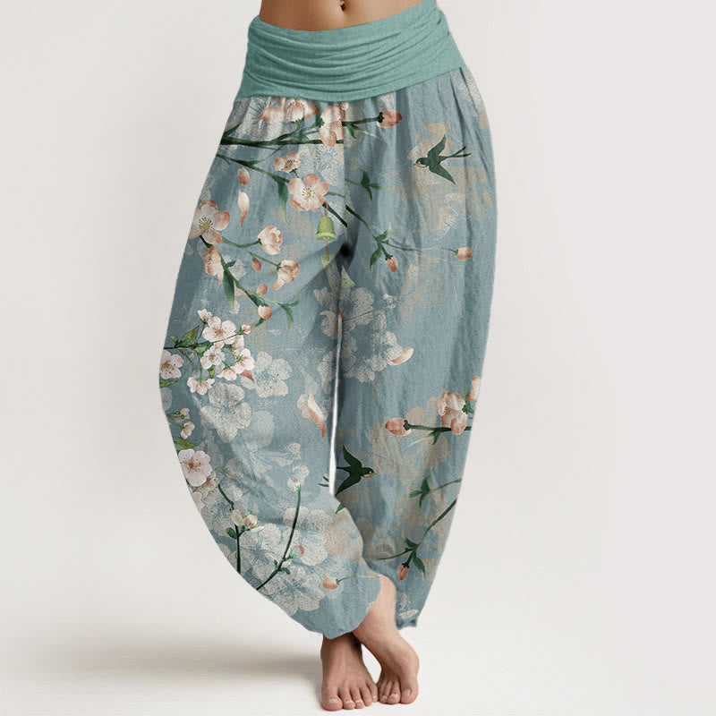 Pantaloni harem da donna con elastico in vita e motivo Buddha Stones in cotone con fiori di pesco e oche volanti - Acquamarina media - US22, UK/AU26, EU54 (6XL) - image 0