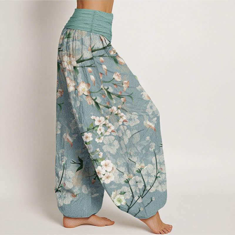 Pantaloni harem da donna con elastico in vita e motivo Buddha Stones in cotone con fiori di pesco e oche volanti - image 2