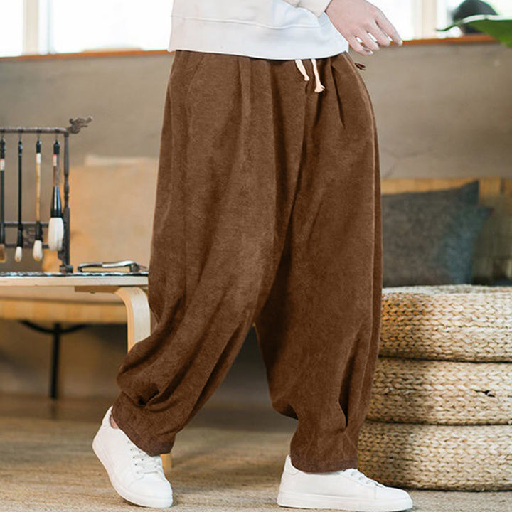 Pantaloni harem da uomo in velluto a coste con fodera in pile, stile retrò, con tasche, modello Buddha Stones - image 3