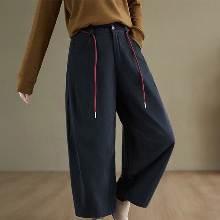 Pantaloni casual da donna Buddha Stones in cotone semplice, lunghezza 7-8, con tasche - image 1