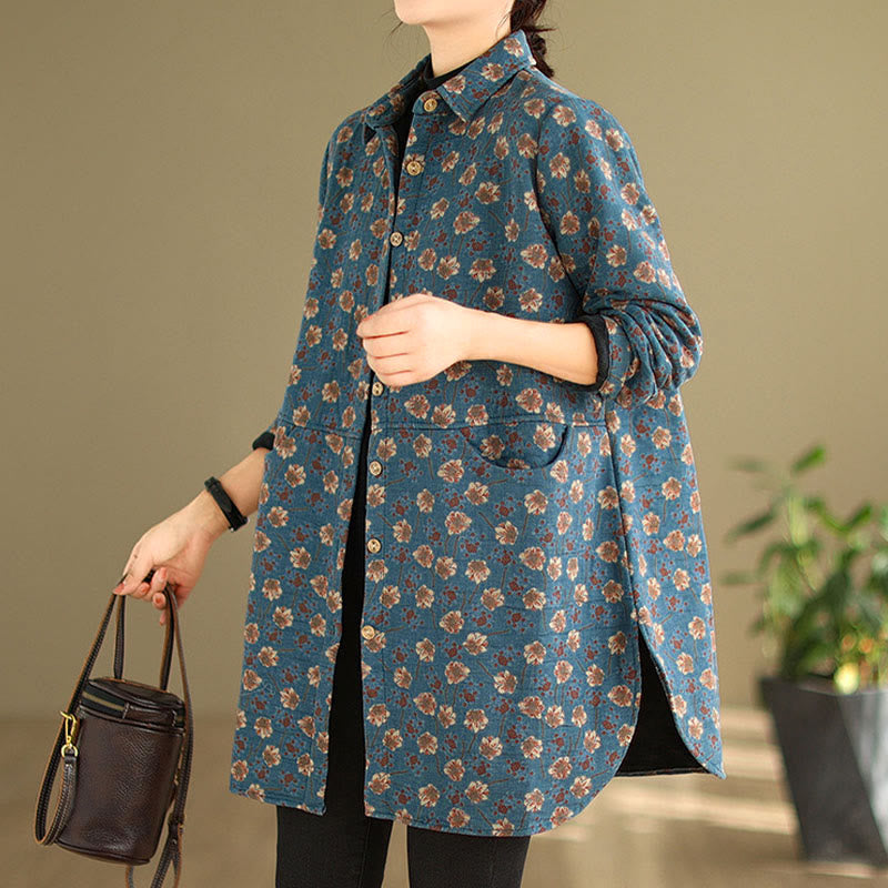 Giacca da donna in cotone a maniche lunghe con tasche, motivo floreale, bottoni autunno inverno Buddha Stones - image 6