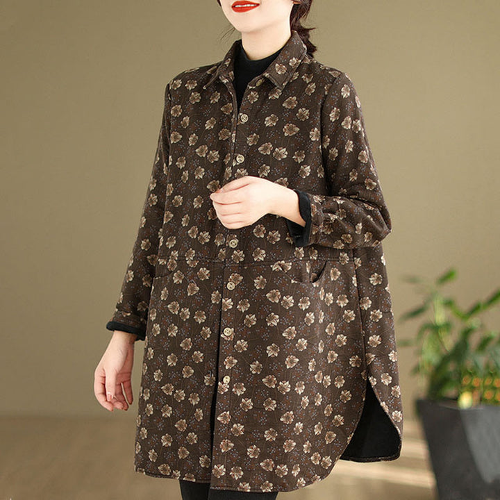 Giacca da donna in cotone a maniche lunghe con tasche, motivo floreale, bottoni autunno inverno Buddha Stones - image 2