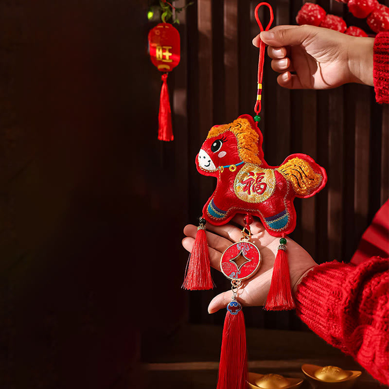 Ricamo Buddha Stones, anno del cavallo, carattere Fu, forma di moneta di rame, decorazione da appendere con filo rosso - image 1