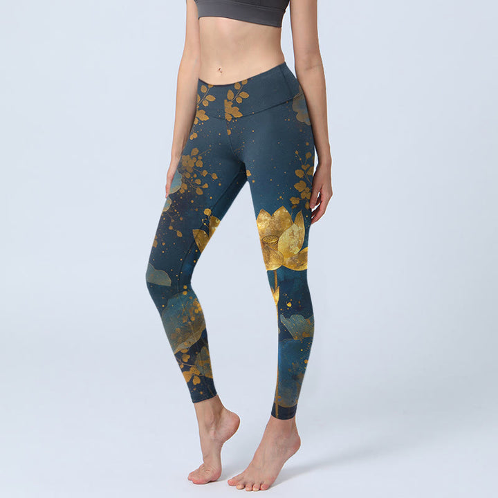 Leggings da palestra eleganti e dignitosi con motivo a macchie di foglie di fiore di loto, pantaloni da yoga da donna, modello Buddha Stones - SteelBlue - US18, UK/AU22, EU50 (4XL) - image 0
