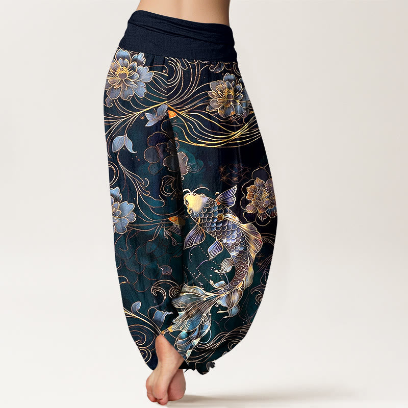 Pantaloni harem da donna con elastico in vita, motivo a peonie e pesci koi in puro cotone, modello Buddha Stones - image 6
