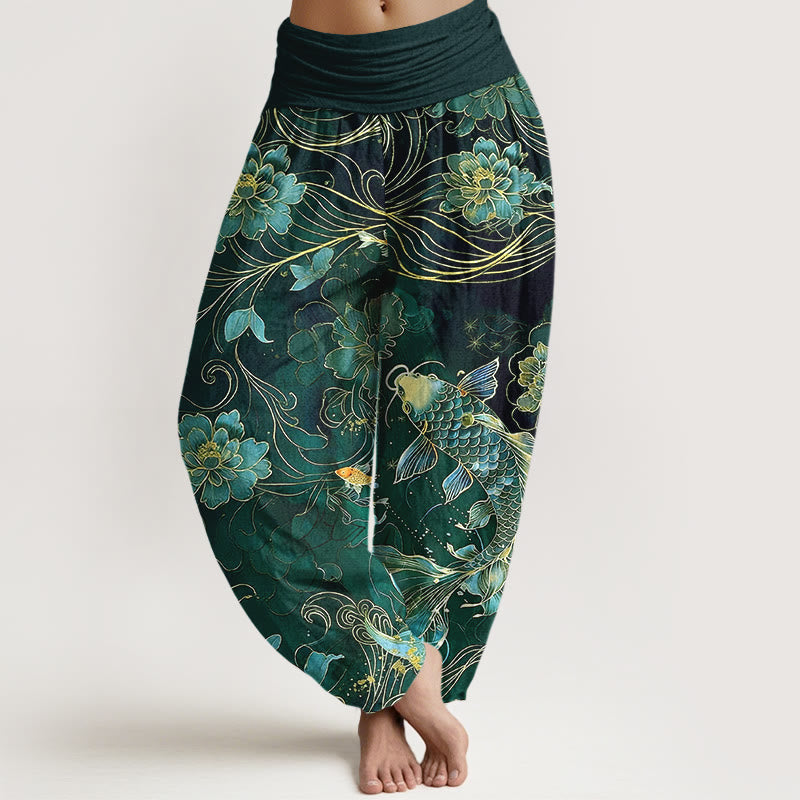 Pantaloni harem da donna con elastico in vita, motivo a peonie e pesci koi in puro cotone, modello Buddha Stones - Verde scuro - US16, UK/AU20, EU48 (3XL) - image 8