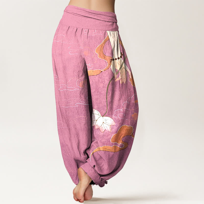Pantaloni harem da donna con elastico in vita, motivo nuvole, con fiori di loto in puro cotone, Buddha Stones, nastri fluenti, rosari da indossare a mano - image 9