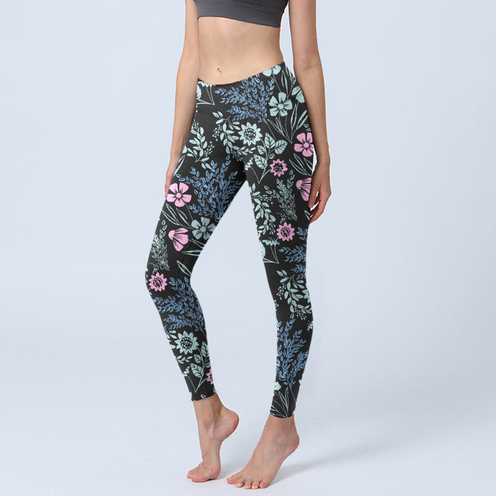 Leggings da palestra con stampa a contrasto di colori vivaci e motivo floreale e foglie, pantaloni da yoga da donna, Buddha Stones - Nero - US18, UK/AU22, EU50 (4XL) - image 0