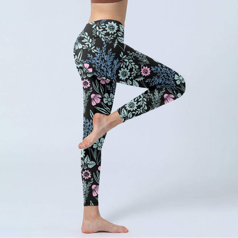 Leggings da palestra con stampa a contrasto di colori vivaci e motivo floreale e foglie, pantaloni da yoga da donna, Buddha Stones - image 3