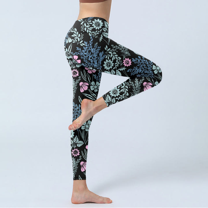 Leggings da palestra con stampa a contrasto di colori vivaci e motivo floreale e foglie, pantaloni da yoga da donna, Buddha Stones - image 3