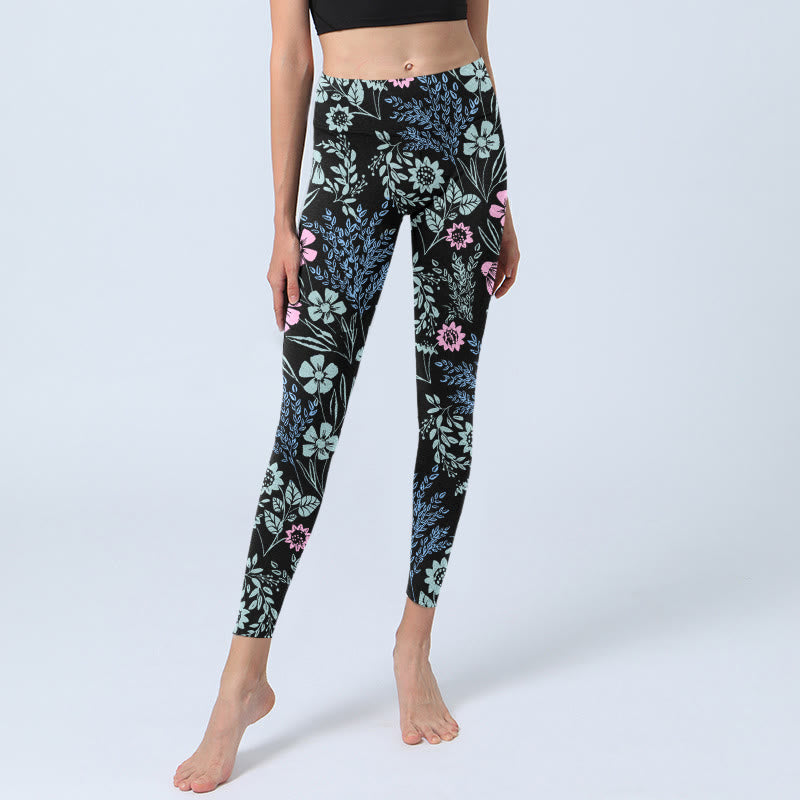 Leggings da palestra con stampa a contrasto di colori vivaci e motivo floreale e foglie, pantaloni da yoga da donna, Buddha Stones - image 5