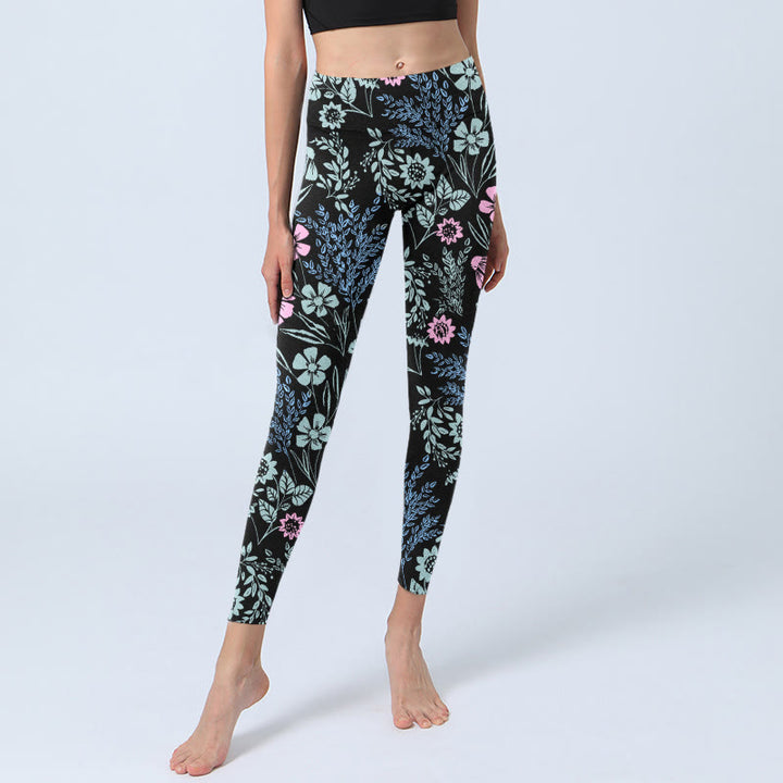 Leggings da palestra con stampa a contrasto di colori vivaci e motivo floreale e foglie, pantaloni da yoga da donna, Buddha Stones - image 5
