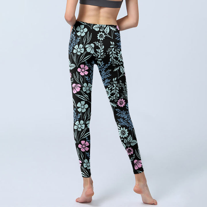 Leggings da palestra con stampa a contrasto di colori vivaci e motivo floreale e foglie, pantaloni da yoga da donna, Buddha Stones - image 6